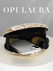 OpulAura 女款極簡風時尚金色 PU 壓紋設計方型晚宴手拿包，適合宴會、婚禮場合，可用作新娘手提包，配有鏈條肩帶 - 杏色 - 查看 4