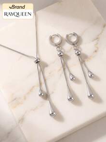 RAYQUEEN Stainless Steel Oval Large Water Drop Pendant Pull-Chain Necklace + Earrings Set, Personalized Jewelry Set - Silver - View 4