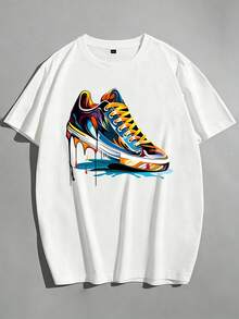 Men's Loose Fit Colorful Sneaker Print Short Sleeve T-Shirt, Plus Size Casual Top | Exquisite Design | Summer Essential | Easy To Match, Show Your Style - White - View 4