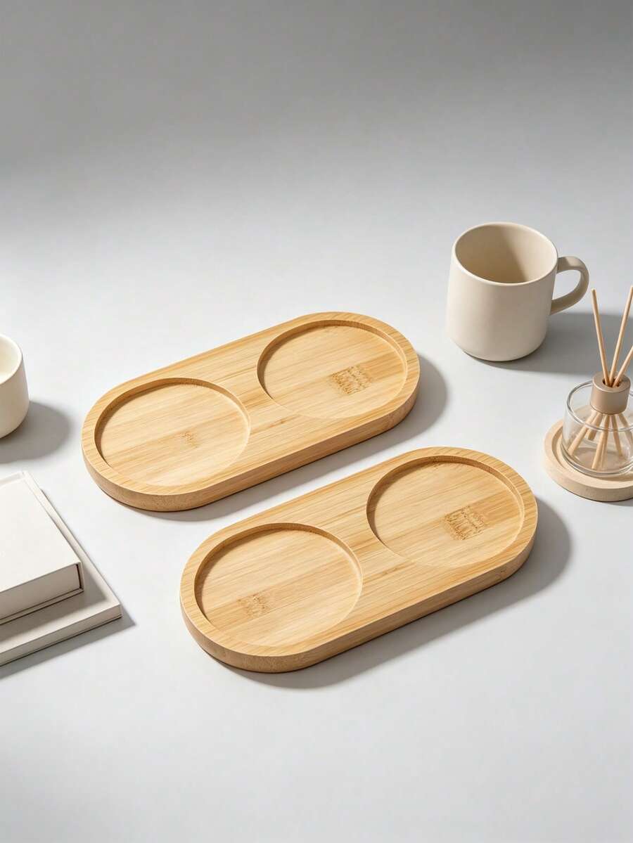 2pcs Natural Bamboo Oval Coasters & Tray, Multi-Functional Heat Resistant Mat For Coffee Cups, Teapots, Planters, Breakfast And Kitchen Use - Multicolor - View 1