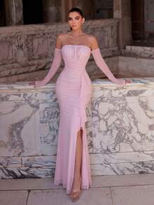 Faeriesty Pink Ruched Fitted Dress With Gloves, Elegant Side Ruffle Slit Trumpet Evening Gown Suitable For Party, Vacation, Formal Dinner, Beach Wedding Spring - Pink - View 1