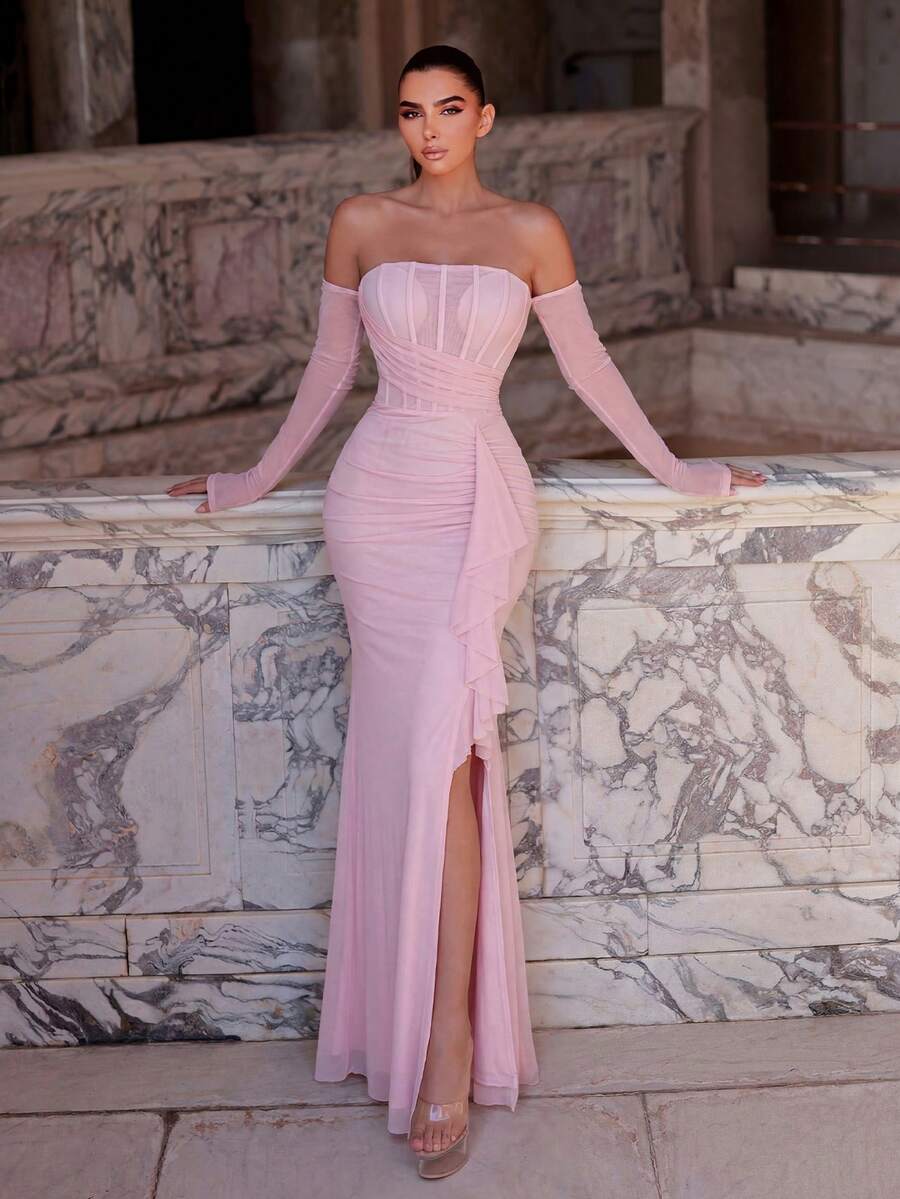 Faeriesty Pink Ruched Fitted Dress With Gloves, Elegant Side Ruffle Slit Trumpet Evening Gown Suitable For Party, Vacation, Formal Dinner, Beach Wedding Spring - Pink - View 1