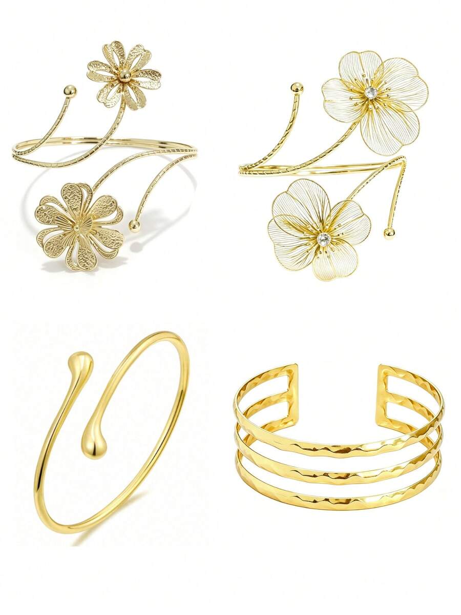 4PCS Upper Arm Cuff Jewelry For Women, Minimalist Arm Cuff Bracelet, Adjustable Coil Armlet - A0021T-19 - View 1