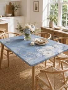 1Pc Blue Marble Floral Round Stretch Tablecloth, Elegant Polyester Elastic Fitted Table Cover, Rose Hydrangea Print Washable Dustproof Table Protector Slipcover For Dining Table, Patio, Wedding, Party, Spring Summer Decor - Multicolor - View 7