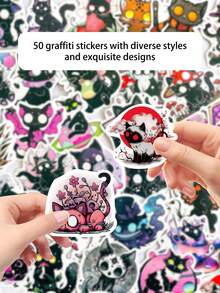 50pcs Horror Soul Cat Creative Waterproof Stickers, Suitable For Laptop, Water Bottle, Skateboard, Guitar, Refrigerator, Desktop, Wall, Helmet, Scrapbook, Phone Case Decoration, Holiday Gift, Birthday Party Gift School Supplies - 50pcs - View 7