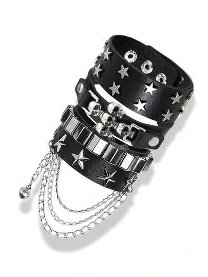Xiacheng 1/3pcs Pu Leather Bracelet Set For Men Women, Black Punk Rock Cuff Bracelets With Star & Skull Studs, Gothic Layered Wristbands For Biker, Party,Daily