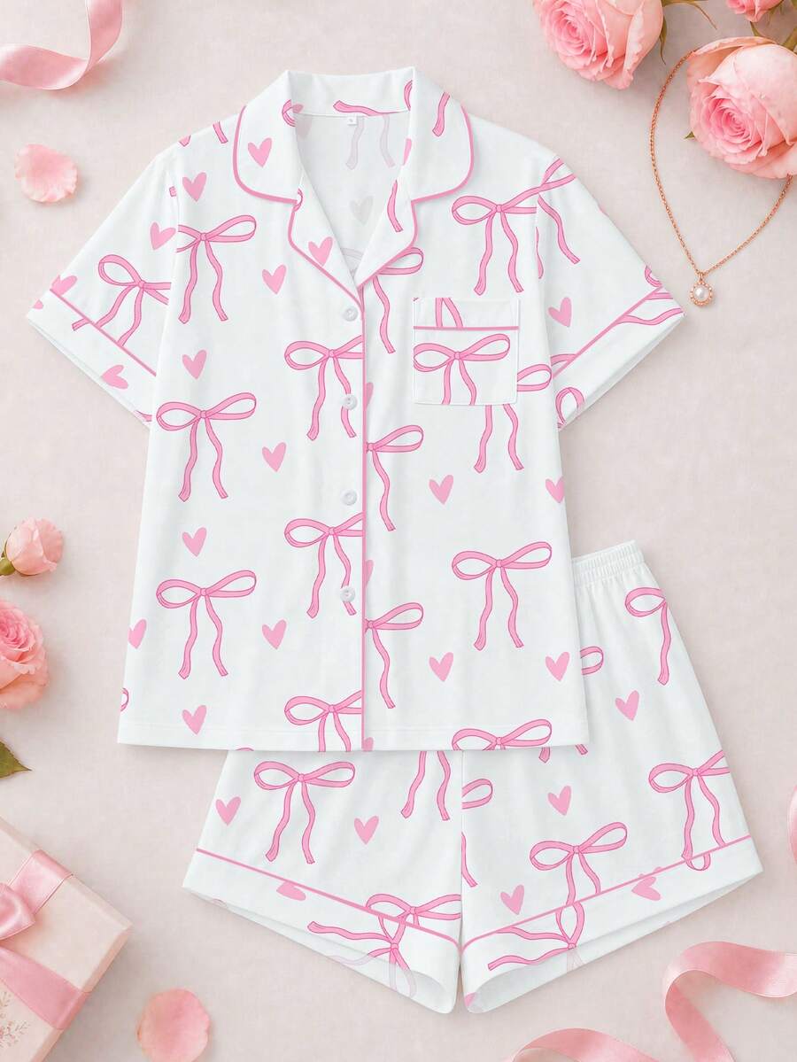 两件套女士睡衣套装,蝴蝶结印花,女士家居服,春夏度假装,短袖翻领上衣和短裤休闲服 - 白色 - 查看 1
