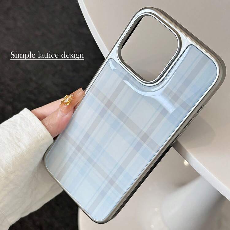 Minimalist Blue Grey Plaid Fashion 1pc Retro Plaid Sweet Epoxy Electroplated Edging Phone Case Compatible With Apple/, Vintage Classic Waterproof Shockproof Anti-Fall Scratch Resistant Spring Birthday - Blue - View 11