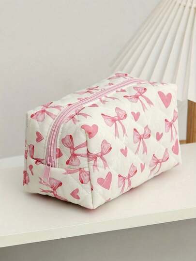 Pink Heart-Shaped Makeup Bag - A Stylish And Elegant Makeup Storage Bag With Bow Decoration. This Portable Travel Makeup Bag Can Also Be Used As A Makeup Brush Storage Bag, Making It The Perfect Choice For Keeping Your Beauty Products Organized And Tidy.