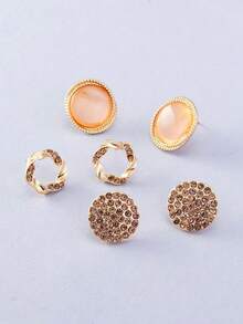 3 Pairs Gold Cat Eye Versatile Mix & Match Stud Earring Set, Suitable For Daily Wear - Gold - View 2