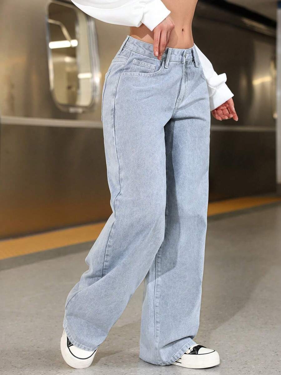 ICON Pantalones vaqueros de pierna ancha de unicolor, de bolsillo, informales y versátiles - Gris 5 - Ver 1