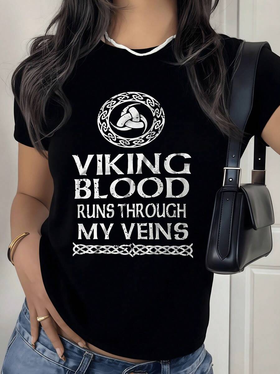 Símbolo nórdico que representa fuerza ancestral y espíritu vikingo con la frase que evoca orgullo y poder camiseta de mujer casual moderna - Negro - Ver 1