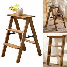 3-Tier Natural Bamboo Folding Step Stool Ladder Thick Solid Bamboo Portable - Brown - View 10