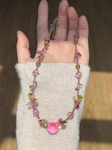 1 buah Kalung Manik-Manik Bentuk Tetesan Air Manis untuk Wanita, Kalung Choker Manik-Manik Motif Buah Mawar Merah Musim Panas - Berwarna merah muda - View 3