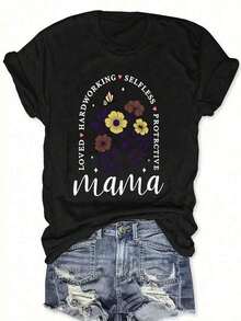 Hardworking Selfless Protective Mama Floral Butterfly Print Comfortable And Soft Women Camiseta Cuello Redondo Slight Stretch Fit Regular Length Mangas Cortass All Season Pullover Style... - Negro - Ver 2