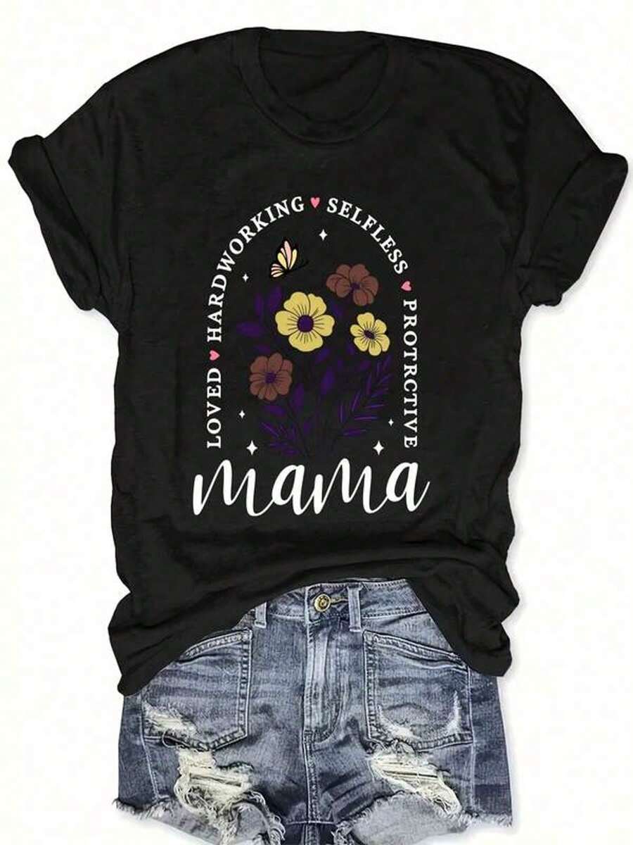 Hardworking Selfless Protective Mama Floral Butterfly Print Comfortable And Soft Women Camiseta Cuello Redondo Slight Stretch Fit Regular Length Mangas Cortass All Season Pullover Style...