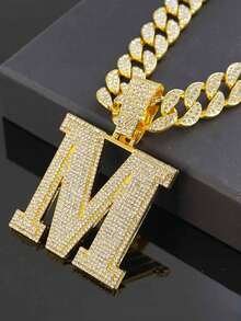 Rhinestone Large Letter M Pendant Cuban Chain, Men's Hip Hop Shiny Diamond Necklace Jewelry - M Pendant Necklace - View 8