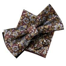 Gold Vintage Floral Design Men's Bow Tie, Pocket Square & Cufflinks 3-Piece Set, Perfect For Tuxedo And Formal Wear, Suitable For Formal Dinner, Wedding - Color Mixing - View 14