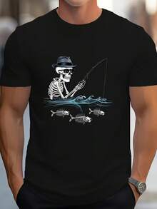 Camiseta con Estampado de Ilustración de Pesca con Calaveras, Camiseta Creativa y Cómoda para Hombre, Camiseta Casual de Manga Corta para Verano - Negro - Ver 1