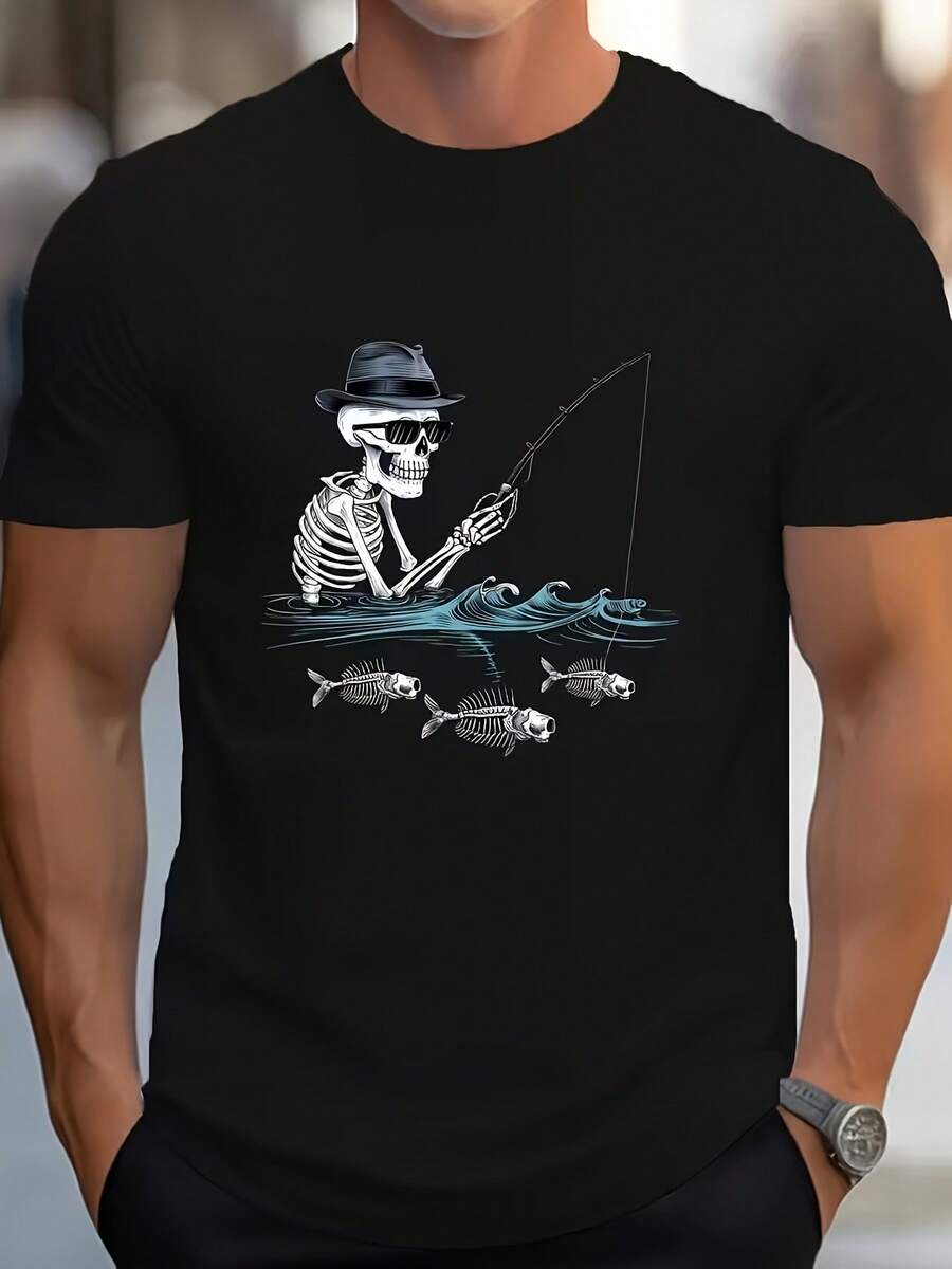 Camiseta con Estampado de Ilustración de Pesca con Calaveras, Camiseta Creativa y Cómoda para Hombre, Camiseta Casual de Manga Corta para Verano - Negro - Ver 1