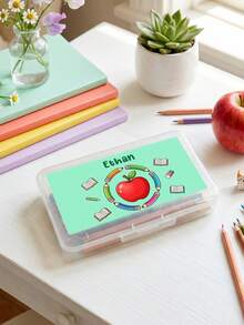 1pc Custom Pencil Case With Name, Clear Pencil Box With Cartoon Apple/Bus Design, Perfect Back To School Gift For Students,Ideal For Classroom And Home Use - Multicolor - View 12