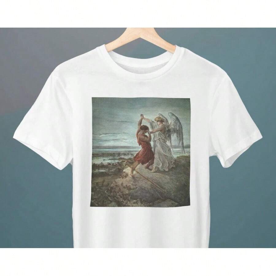 The Wrestle of Jacob, Gustave Dore, Unisex T-Shirt, Romanticism, Art T-Shirt, Gift for Her, Gift for Him - Blanco - Ver 1