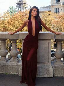 Sexy Deep V-Neck Mesh Patchwork Backless Halter Neck Tie Dress, Beach Dress, Cocktail Music Festival Gown - Red Violet - View 2