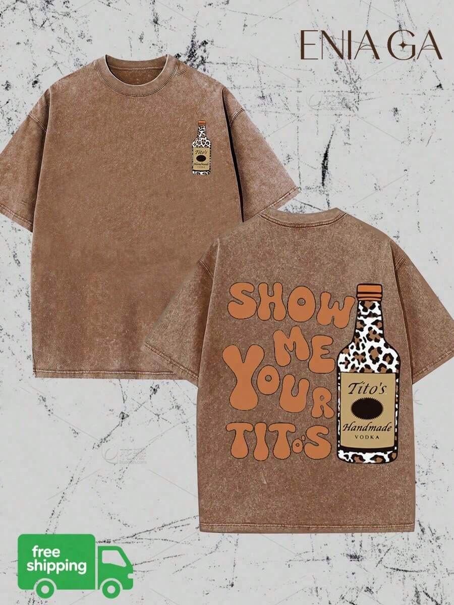Vintage Vintage Style, Vodka Enthusiast, Leopard Print Elements, SHOW ME YOU TITOS Humorous Text Memes - Khaki-zM0028-bM0028 - View 1