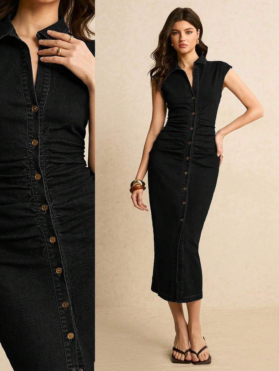 Women Denim Dresses - 黑色 - 查看 1