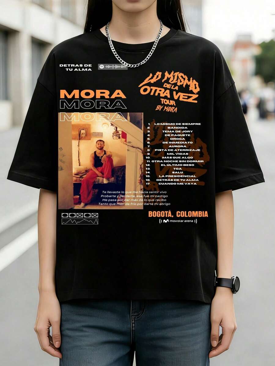 MORA Bogota Tour Setlist Retro Concert Poster Latin Reggaeton Cotton T-Shirt - 黑色 - 查看 1