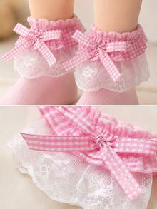 1 Pair Girls' Ruffle Lace Bow Short Socks Princess Style Frill Baby Socks - Pink - View 3