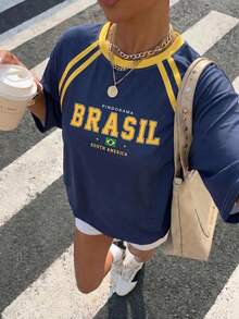 海军蓝和黄色“BRASIL”字母印花宽松运动T恤，Y2K巴西球衣风格休闲短袖女式夏季T恤 - 藍色 - 查看 3