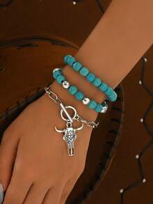 3pcs Western Cowboy Style Turquoise Beaded With Bull Head Pendant Metal Chain Bracelet Set, Fashion Layering Bracelet Set For Women, Vacation Style Hand Jewelry, Suitable For Beach Vacation, Date, Music Festival, Daily Wear - Multicolor - View 1