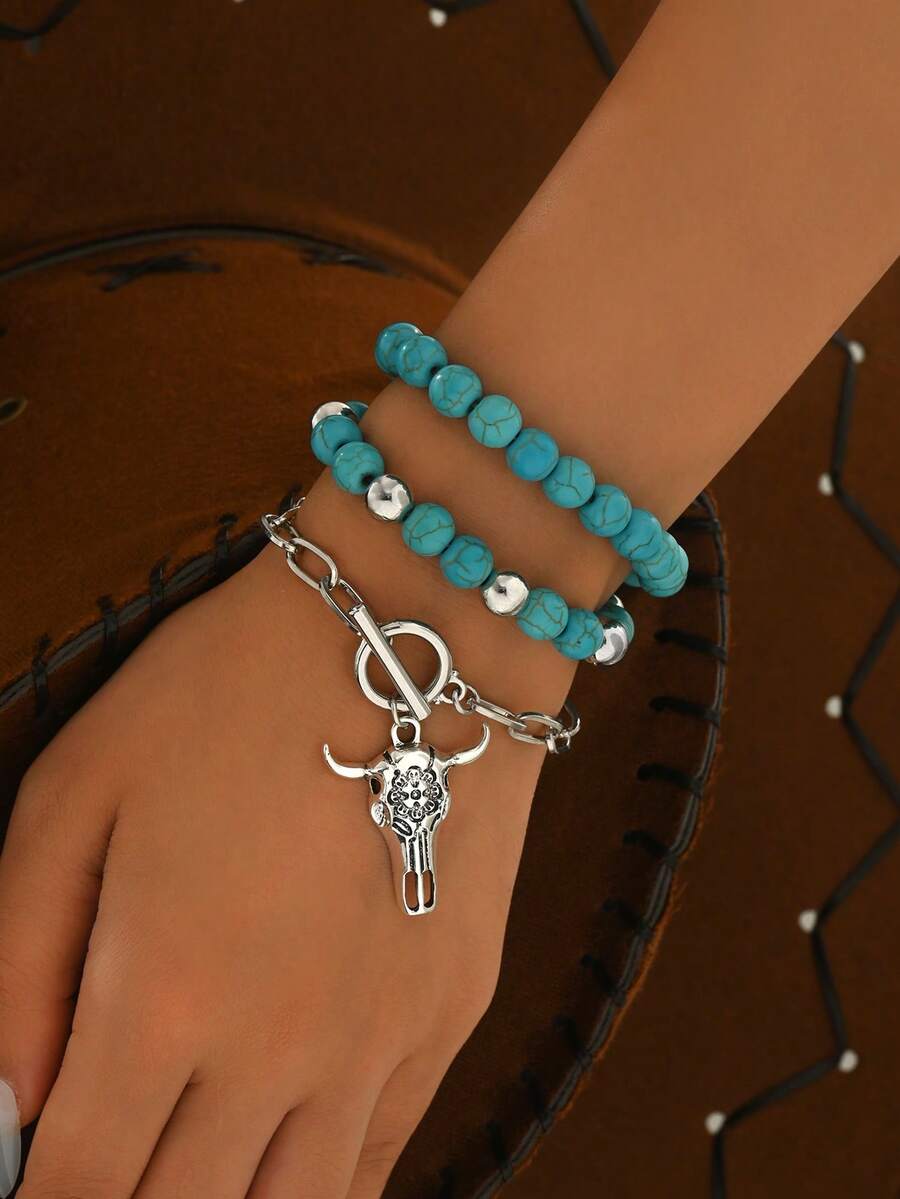 3pcs Western Cowboy Style Turquoise Beaded With Bull Head Pendant Metal Chain Bracelet Set, Fashion Layering Bracelet Set For Women, Vacation Style Hand Jewelry, Suitable For Beach Vacation, Date, Music Festival, Daily Wear - Multicolor - View 1