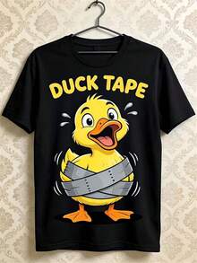 Camiseta de Hombre con Estampado de Pato Dibujos Animados y Cinta Adhesiva, Estilo Retro y Casual, Cuello Redondo Clásico para Uso Diario - Negro - Ver 1