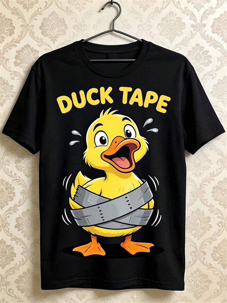 Camiseta de Hombre con Estampado de Pato Dibujos Animados y Cinta Adhesiva, Estilo Retro y Casual, Cuello Redondo Clásico para Uso Diario - Negro - Ver 1