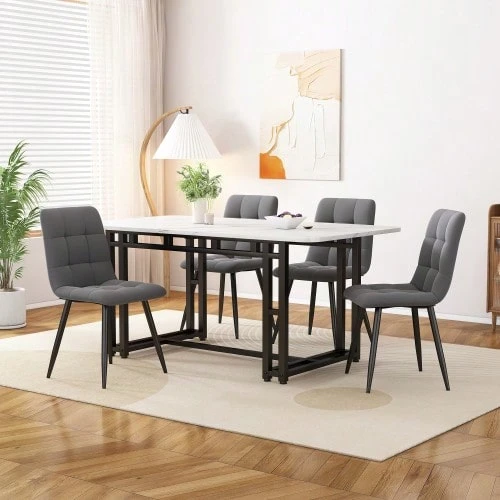 طاولة طعام سوداء 120x70 سم مع 4 كراسي، مجموعة طاولة طعام مطبخ حديثة، كراسي طعام مخملية رمادية داكنة، طاولة بأرجل حديدية سوداء - رمادي + خشب ليفي متوسط الكثافة + مخملي - مشاهدة 1