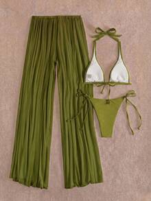 2026 New Women's Swimwear Set, Backless Deep V Swimwear And Triangle Swim Trunks Summer Vacation Beach - Green - View 7