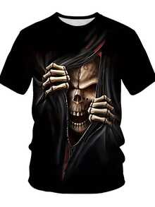 Camiseta de manga corta para hombre con estampado digital 3D de cara de calavera transpirable, moda urbana casual, cuello redondo, ideal para uso diario, ocio de verano, running y fitness - Negro - Ver 1