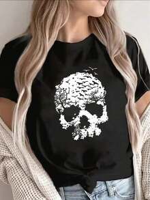Gothic White Skull Print Camiseta Black Mangas Cortas Round Neck Casual Top Lightweight Durable Camiseta For Casual Attire Edgy Skull Design For Home Cafe Or Outdoor Activities Machine... - Negro - Ver 2