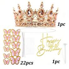 24pcs/3pcs Luxury Rhinestone Crown Happy Birthday Butterfly Cake Topper Set, Suitable For Princess Queen Birthday Party Cake Dessert Decoration - Multicolor - View 13