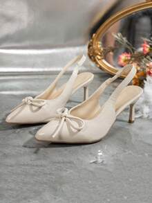 Fashion Patent Leather Bow Backless High Heel Shoes, Pointed Toe Stiletto Pumps, Gentle Style Versatile Women's Shoes For Dating And Commuting - White - View 5
