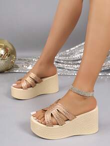 Plus Size High Heel Sandals Slip-On Thin Strap Wedge Heel Rhinestone Fashion Versatile Thick Sole Sandals - Rose Gold - View 2