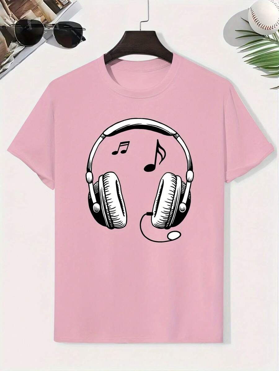 Kids' Cotton T-Shirt With Headphone Theme - Headphone And Letter Print, Lightweight Short Sleeve Summer Shirt, Crew Neck, Comfortable Clothing For Playing And Outdoor Activities - 粉色 - 查看 1
