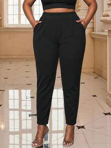 SHEIN Lady Plus Fold Pleated Slant Pocket Pants Plus Size Women's Pants, Summer Coordinated, Rave Festival, Long Women Dresses, Wedding Reception Dress Black - Black - View 6