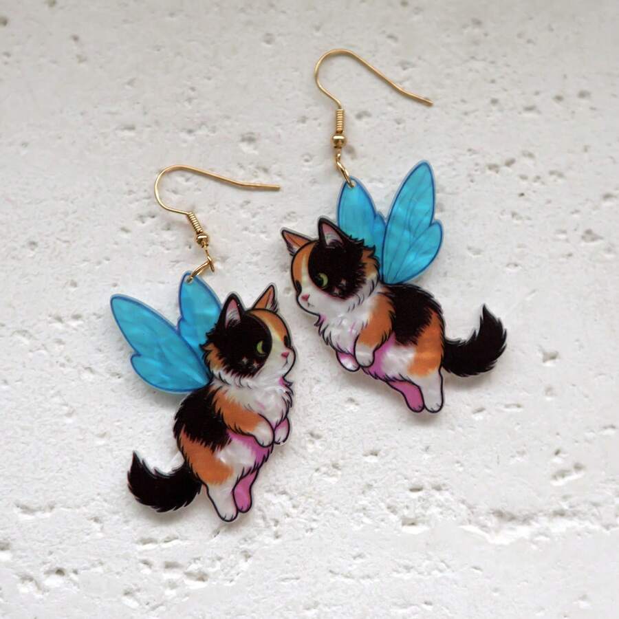 Original Design Handmade Shine Resin Earrings Funny Cute Statement Earrings Creative Earrings Cute Blue Wing Cat Spirit Earrings Drop Earrings Dangle Earrings For Women Girl Cat Lover Gift - Cute Blue-winged Cat Spirit - View 1