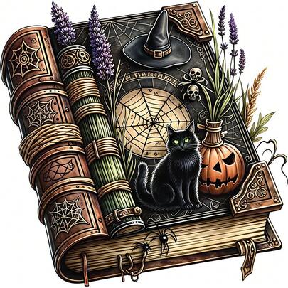 1/2/3PCS Halloween Magic Book Heat Transfer, Vintage Witch Black Cat Pumpkin Pattern Heat Transfer, Vinyl Print, Heat Transfer Sticker, Iron-On Transfer Sticker Decal - Suitable For Pillows, DIY, Backpacks, T-Shirts, Canvas Bags, Hoodies, Jeans, T-Shirts, Clothing, Sewing Supplies