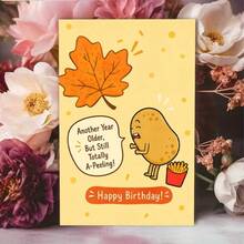 Tarjeta de felicitación de cumpleaños con juego de palabras humorístico sobre comida, ilustración de patata bailando con patatas fritas - 13x18cm - Ver 5