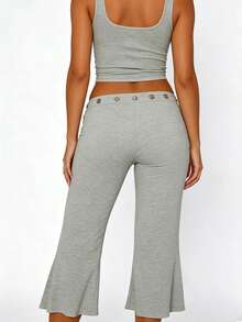 Y2K Summer Beach Low Rise Cropped Flare Pants With Metal Eyelet Waistband High Waist Slimming Bootcut Capri Pants Multi Solid Colors - Light Grey - View 3