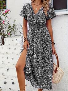 Floral Dress With Butterfly Sleeves And Leg Slit - Black - View 12